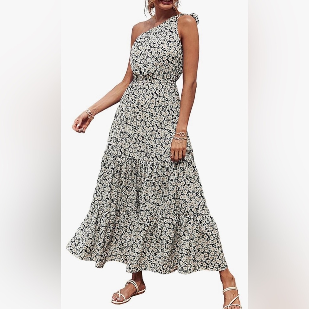 PRETTYGARDEN Womens Floral Knot One Shoulder Dress